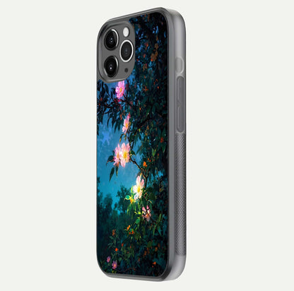 Midnight Bloom Glow Glass Case for iPhone 11 Pro Max floating dual-view mockup showing HD gloss and floral contrast
