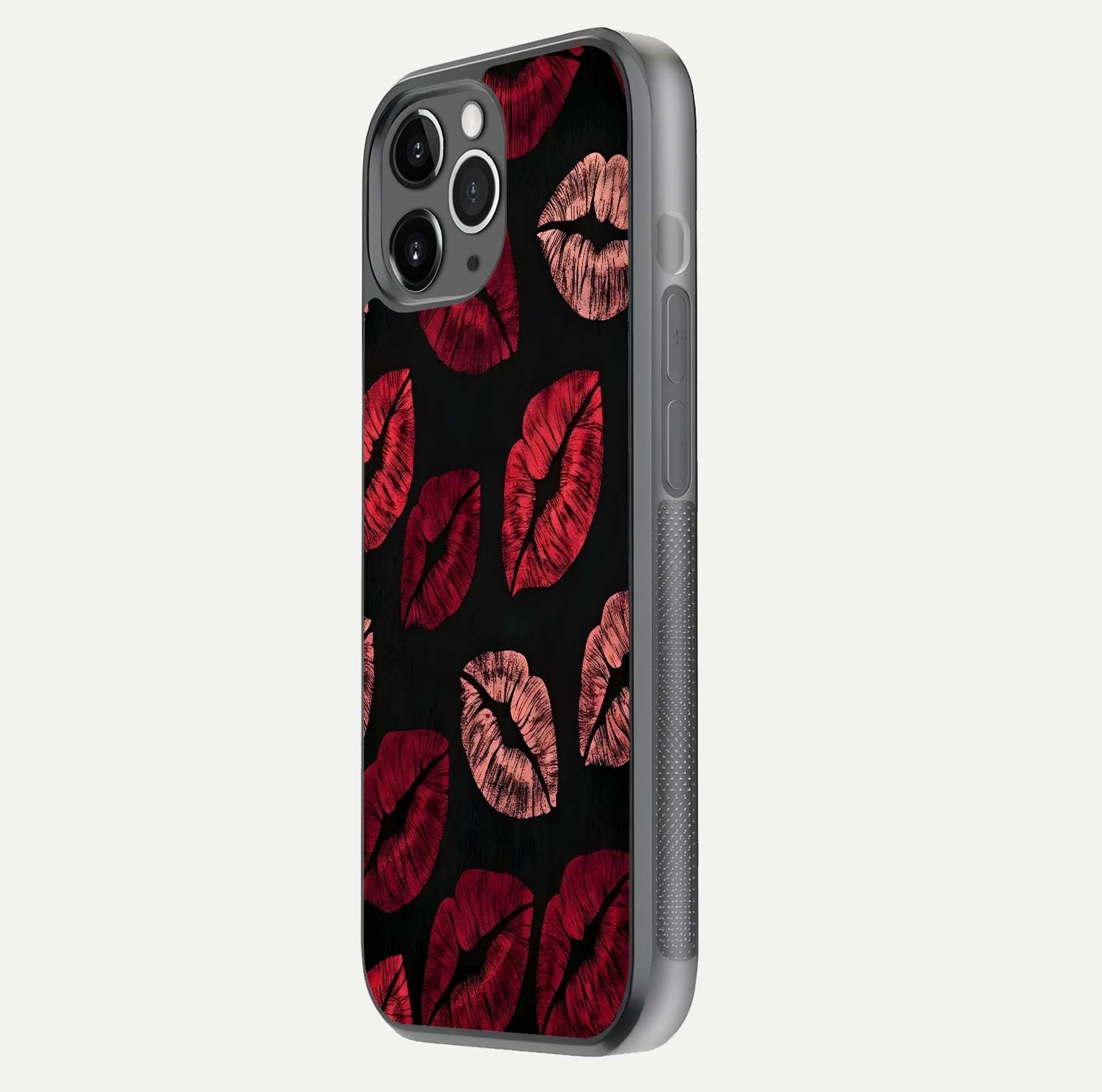 Midnight Kiss Love Glass Case for iPhone 11 Pro Max floating dual-view mockup showing HD gloss and elegant edge design
