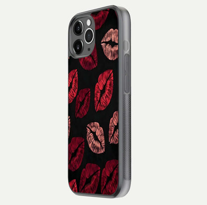 Midnight Kiss Love Glass Case for iPhone 11 Pro Max floating dual-view mockup showing HD gloss and elegant edge design