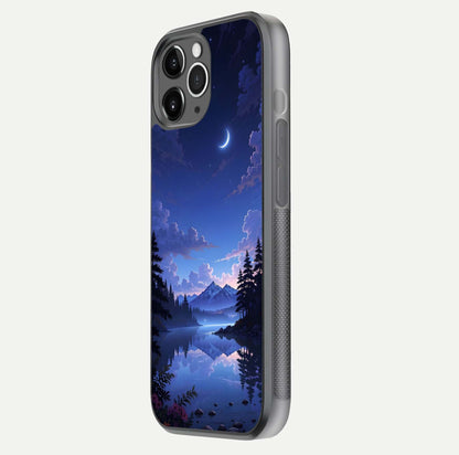 Midnight Lake Peace Glass Case for iPhone 11 Pro Max floating dual-view mockup showing gloss finish and peaceful art