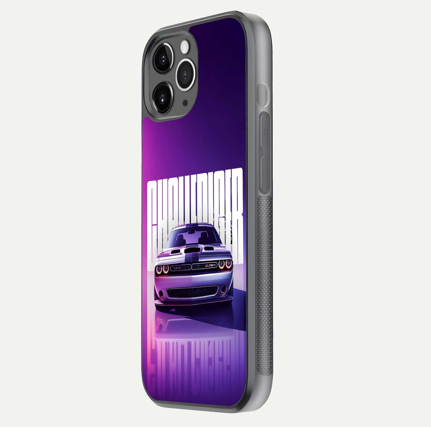 Midnight Muscle Ride Glass Case for iPhone 11 Pro Max floating dual-view mockup showing glossy finish and shine depth