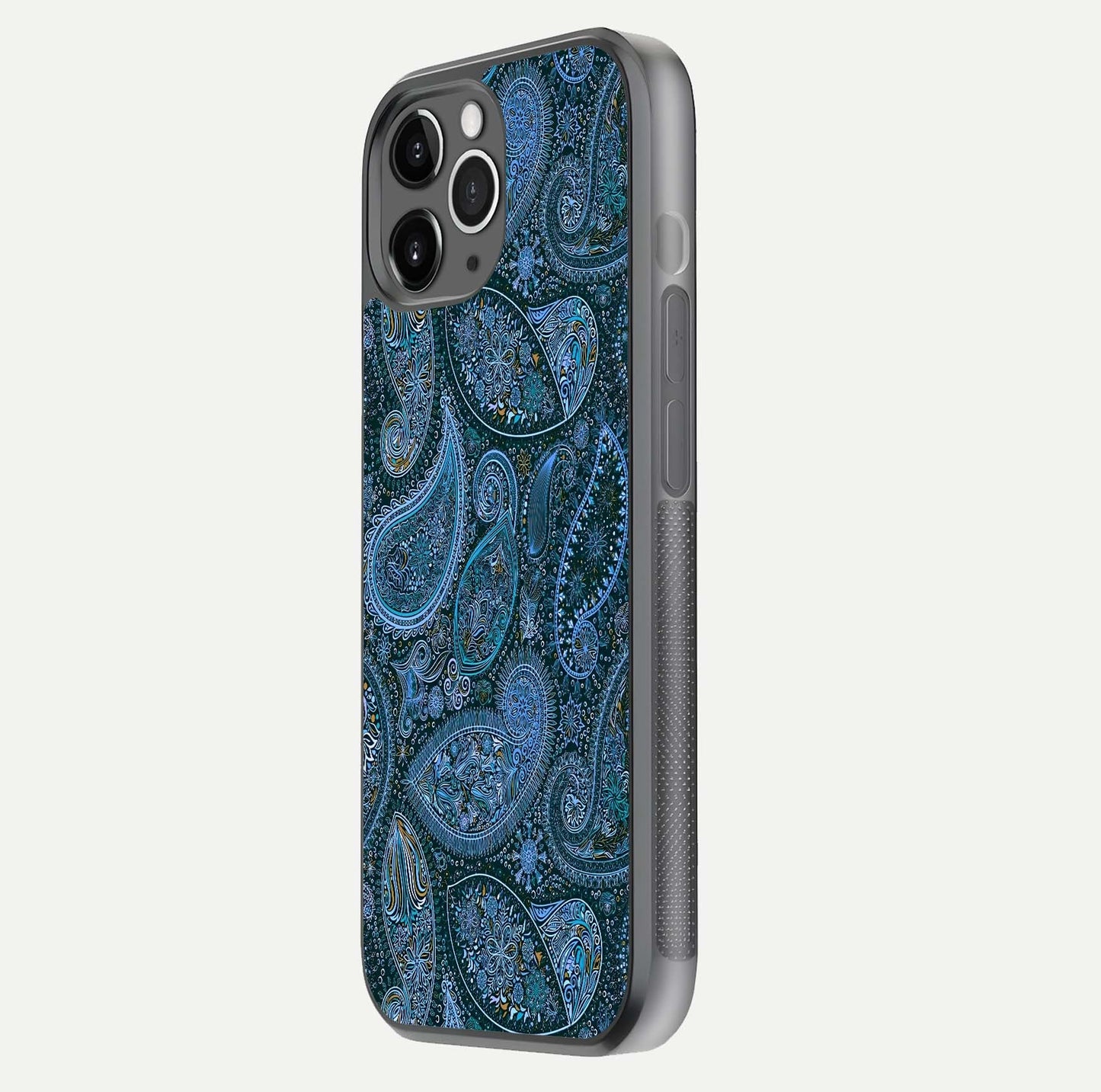 Midnight Paisley Glow Glass Case for iPhone 11 Pro Max floating dual-view mockup showing HD gloss and rich pattern