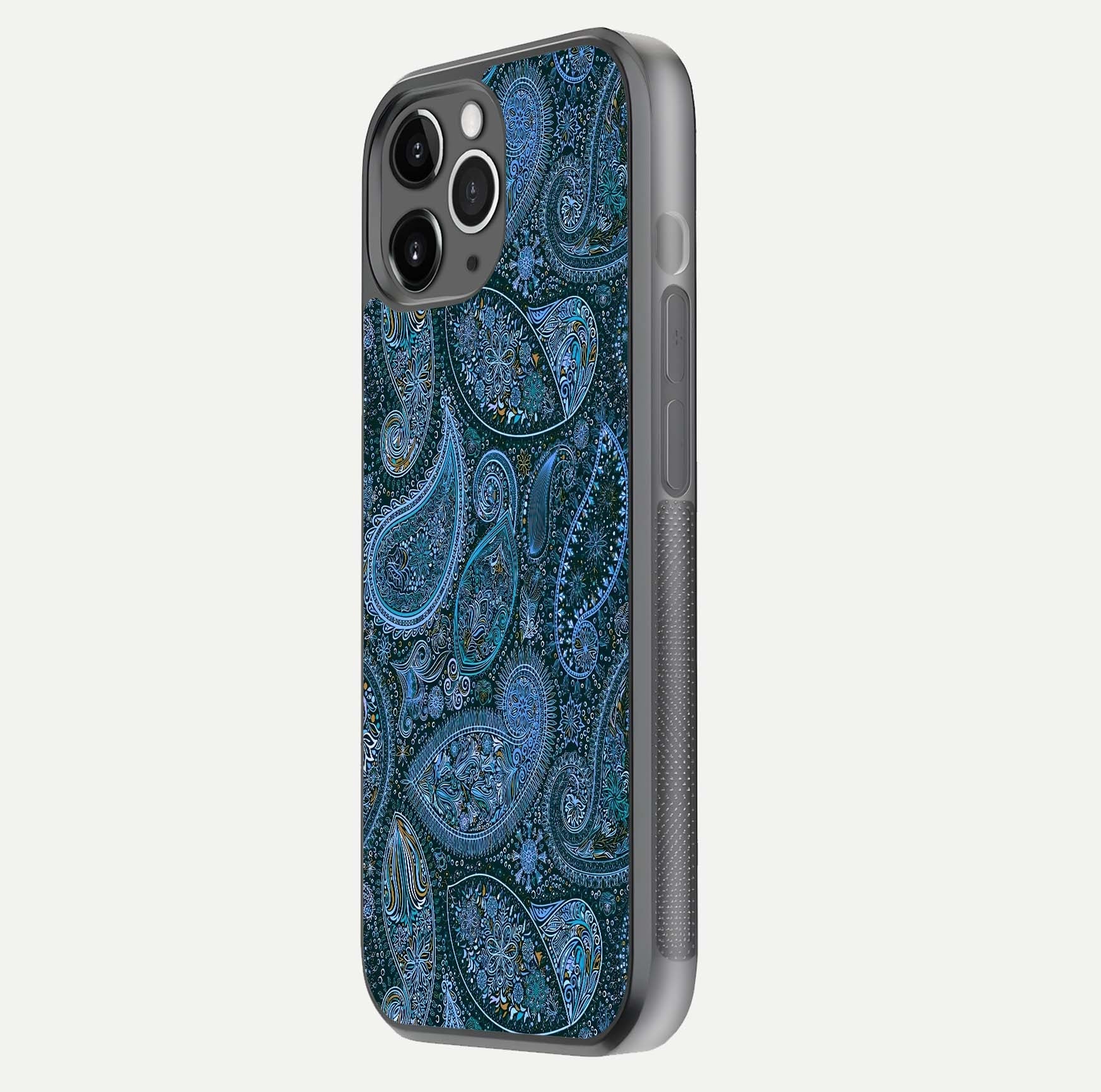 Midnight Paisley Glow Glass Case for iPhone 11 Pro Max floating dual-view mockup showing HD gloss and rich pattern