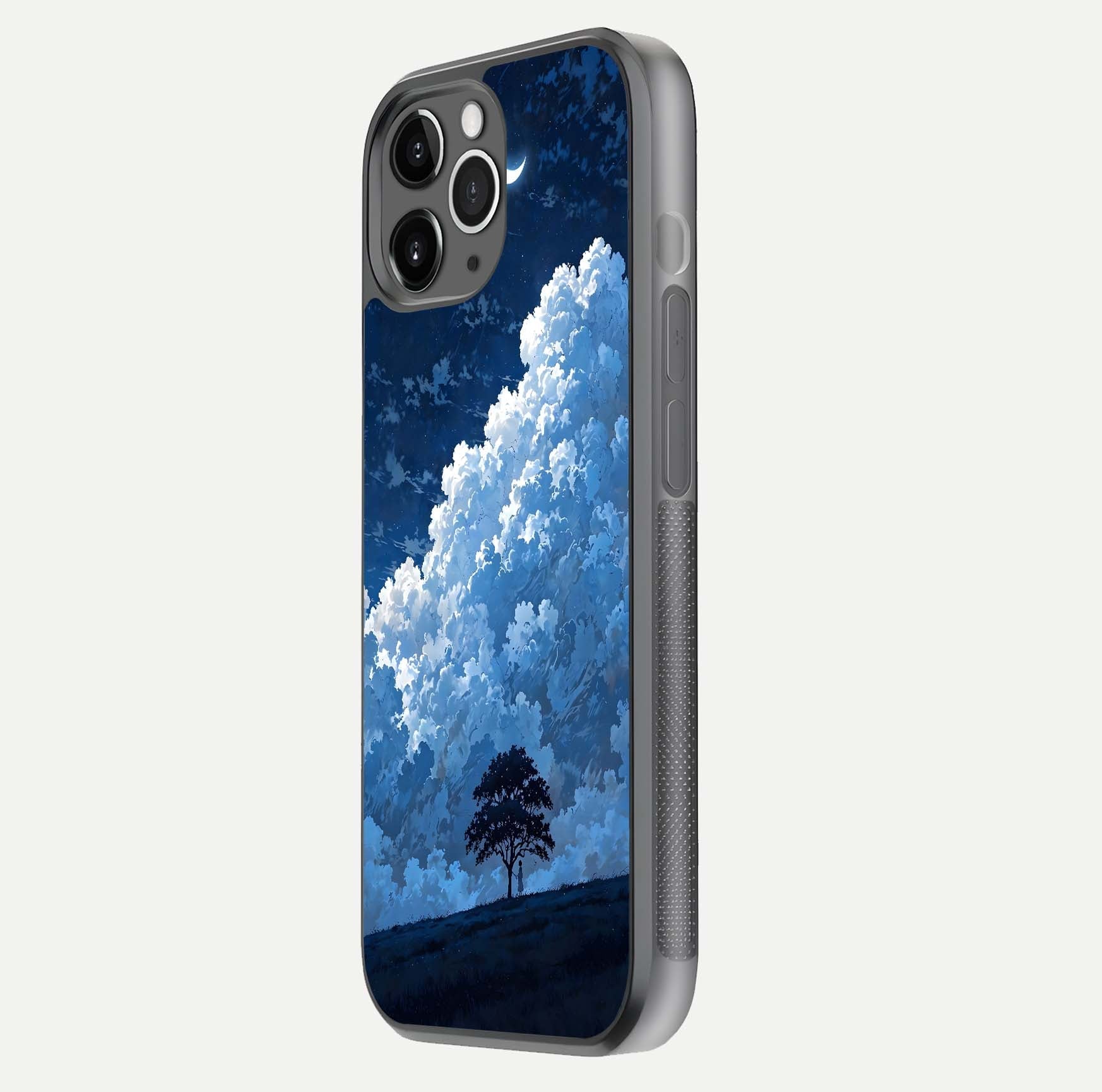Midnight Sky Serenity Glass Case for iPhone 11 Pro Max floating dual-view mockup showing HD gloss and night shine