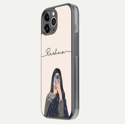 Mirror Mood Muse Custom Name Glass Case for iPhone 11 Pro Max floating dual-view mockup showing reflection and luxury style
