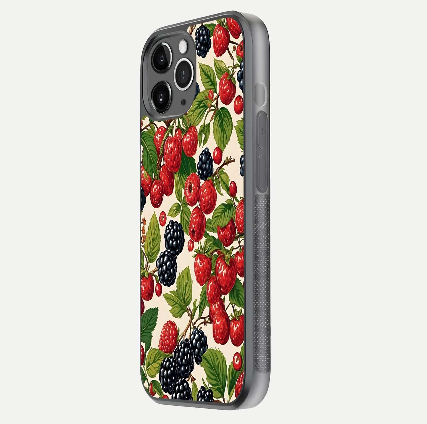 Mixed Berry Collage Glass Case for iPhone 11 Pro Max floating dual-view mockup showing gloss depth and vibrant design