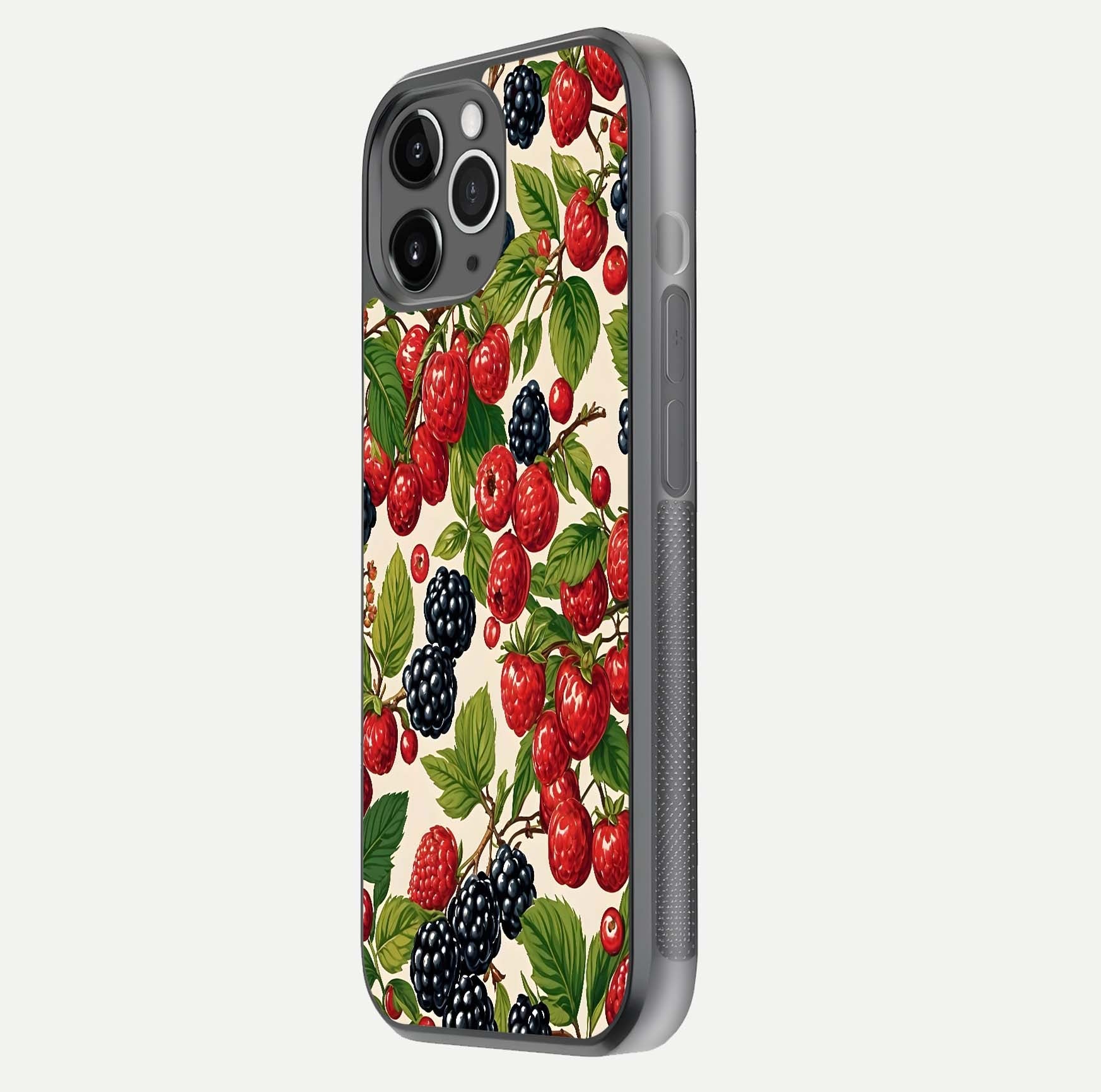 Mixed Berry Collage Glass Case for iPhone 11 Pro Max floating dual-view mockup showing gloss depth and vibrant design