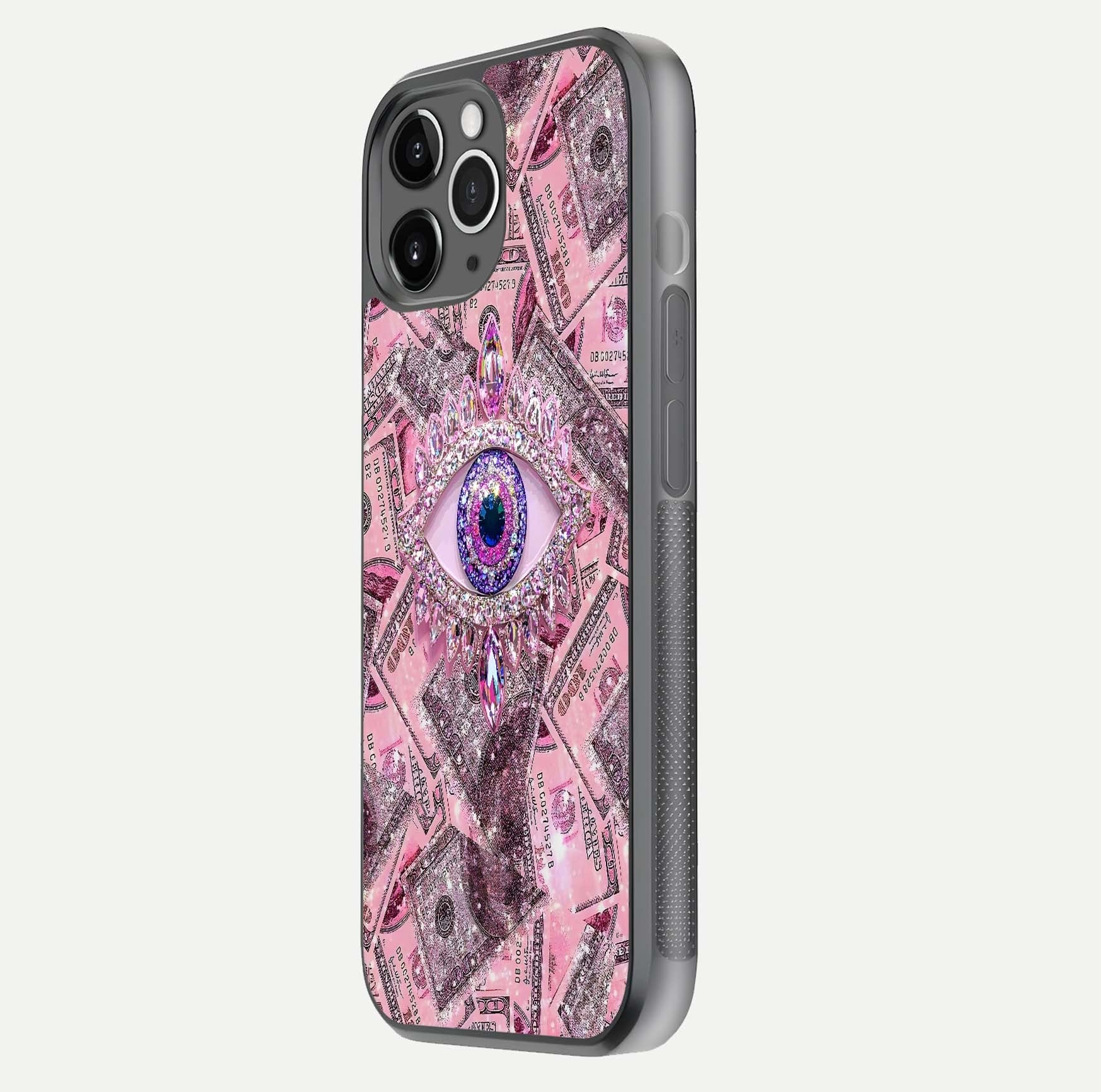 Money Eye Luxe Glass Case for iPhone 11 Pro Max floating dual-view mockup showing gloss surface and premium look