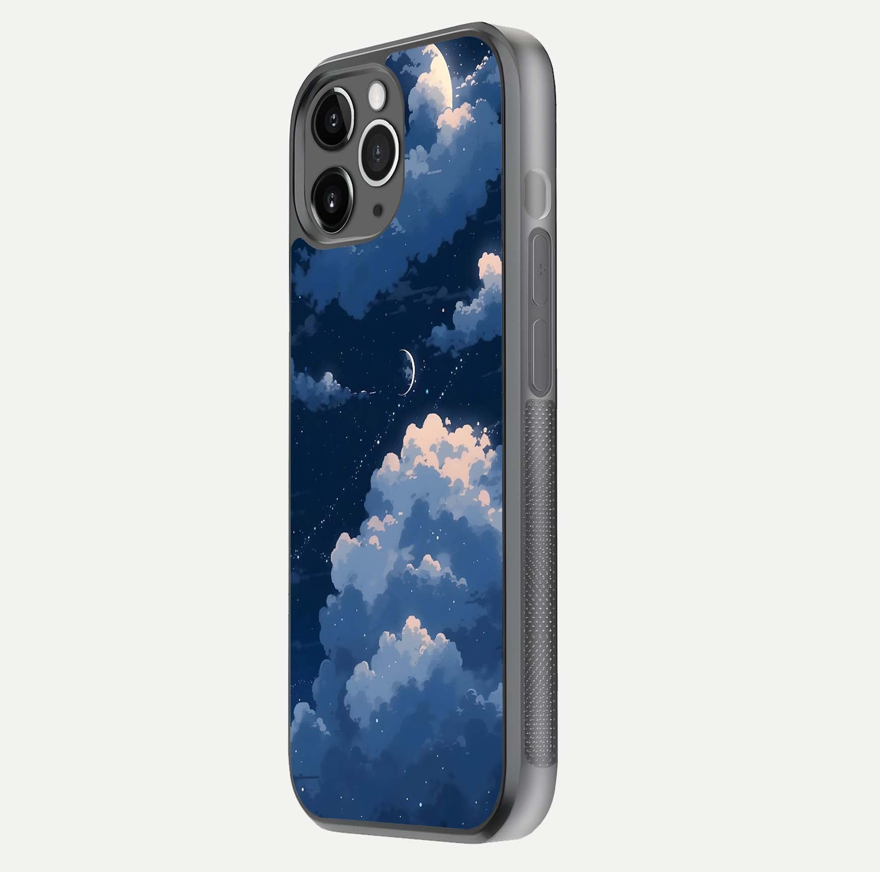 Moon Dream Haze Glass Case for iPhone 11 Pro Max floating dual-view mockup showing gloss texture and calm tones
