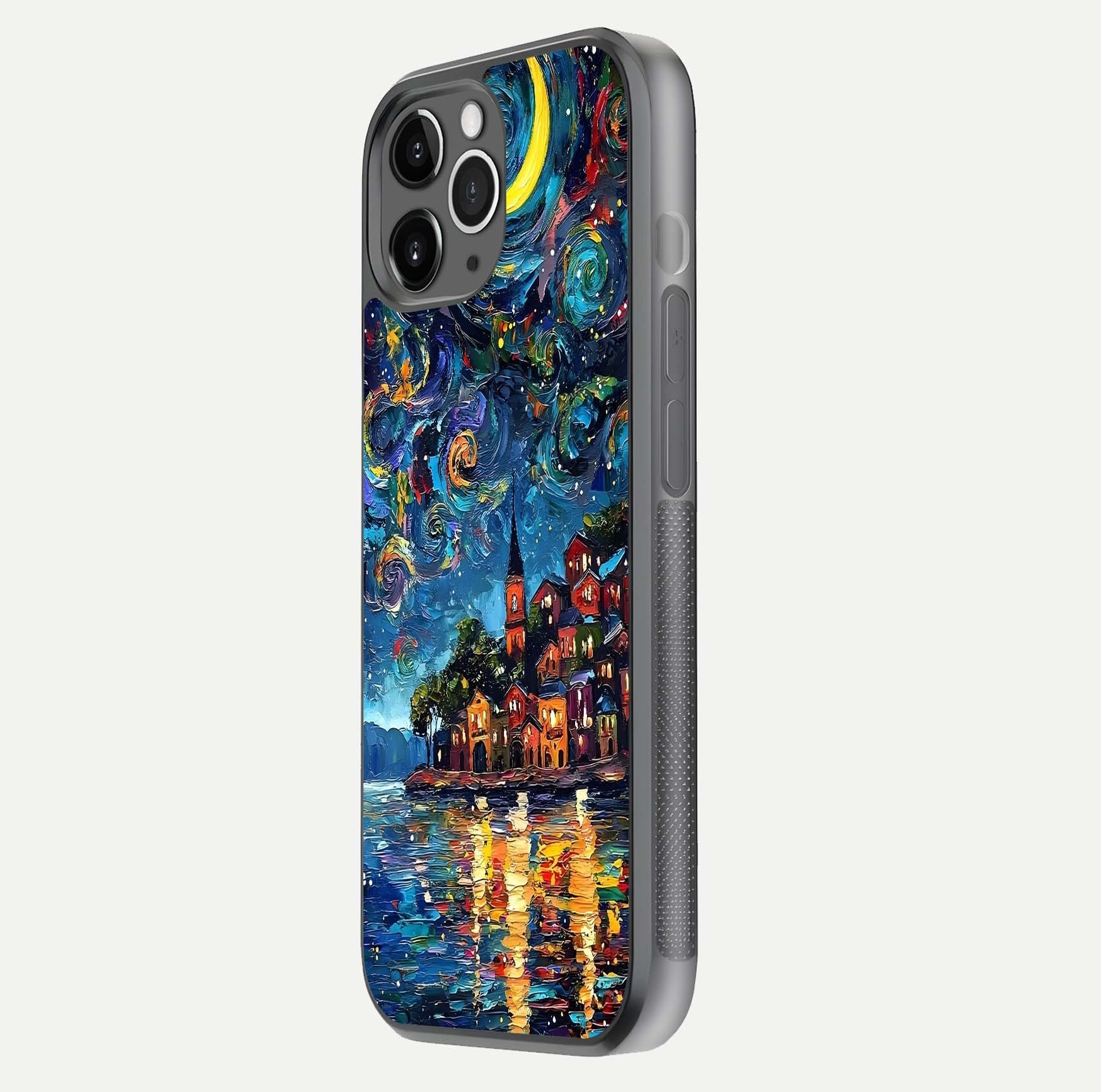 Moonlight Harbor Glow Glass Case for iPhone 11 Pro Max floating dual-view mockup showing gloss brightness and glow