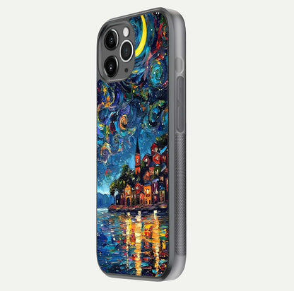 Moonlight Harbor Glow Glass Case for iPhone 11 Pro Max floating dual-view mockup showing gloss brightness and glow