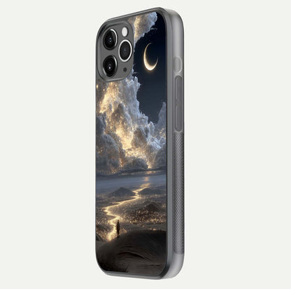 Moonlight Spark Path Glass Case for iPhone 11 Pro Max floating dual-view mockup showing gloss finish and shine depth