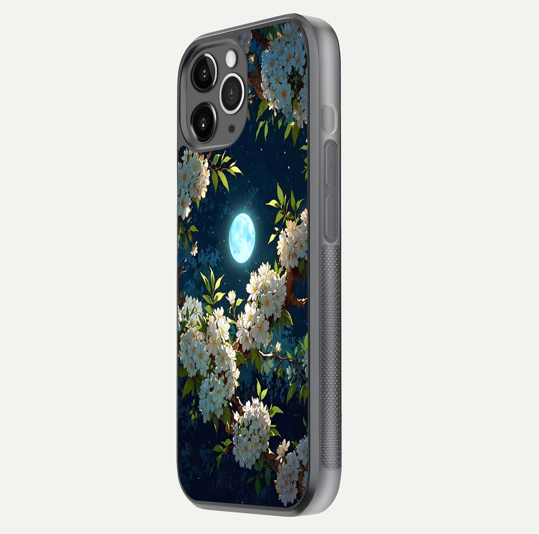 Moonlit Blossom Dream Glass Case for iPhone 11 Pro Max floating dual-view mockup showing gloss texture and floral tone