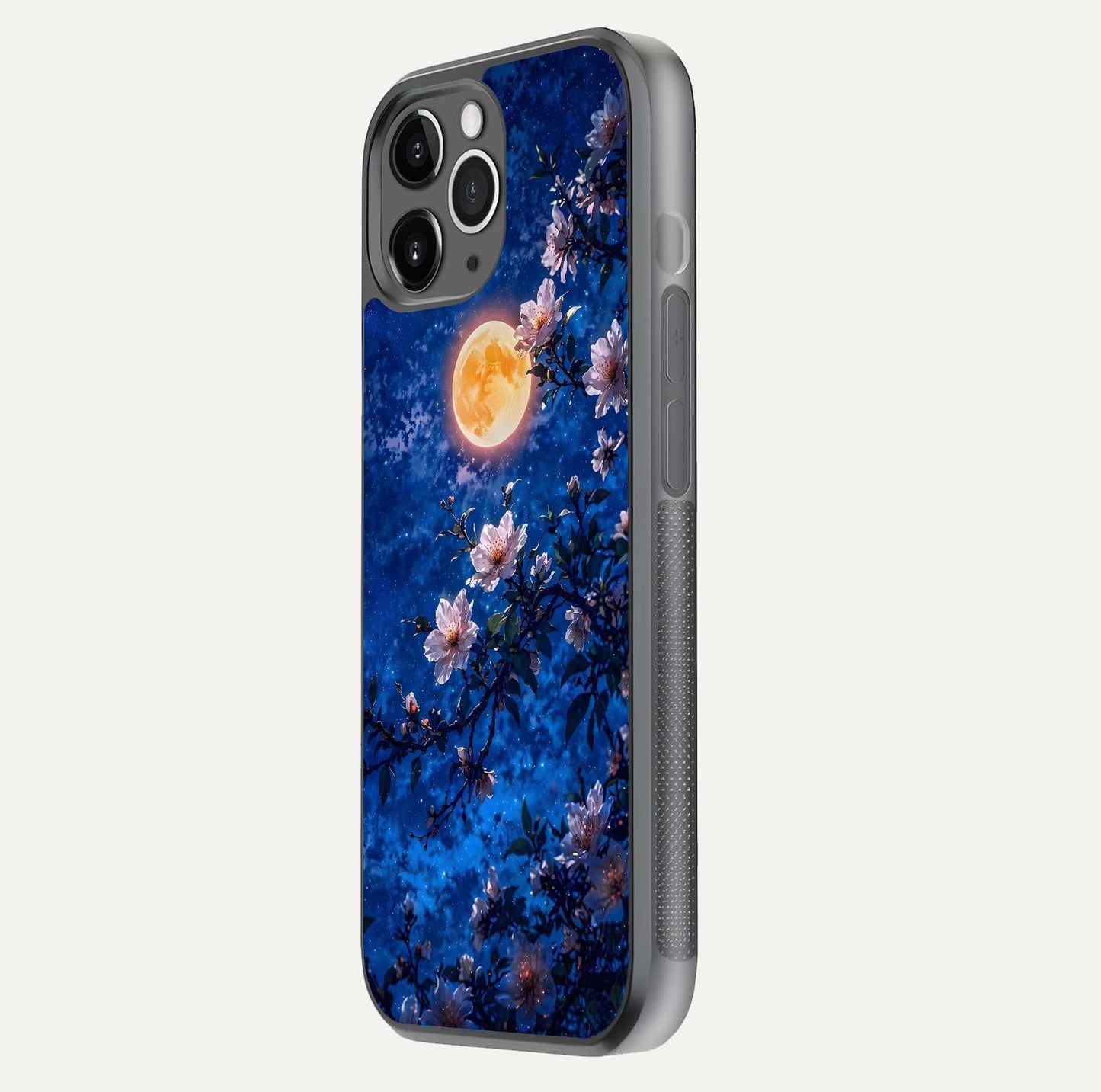 Moonlit Blossoms Night Glass Case for iPhone 11 Pro Max floating dual-view mockup showing HD gloss and floral contrast