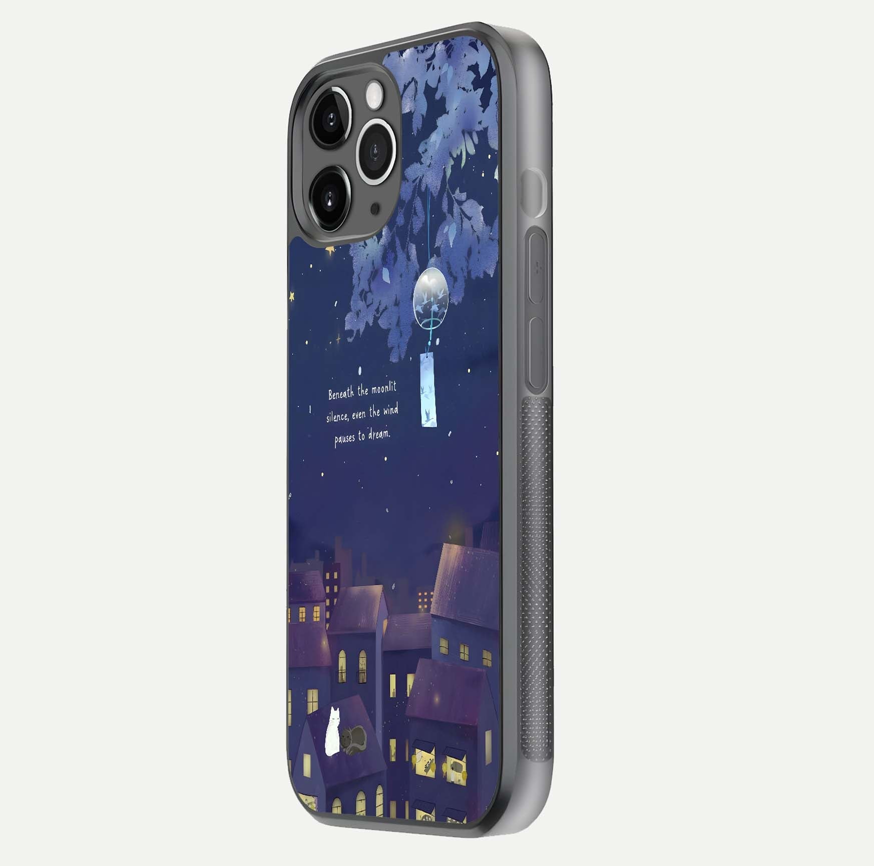Moonlit Cat Silence Glass Case for iPhone 11 Pro Max floating dual-view mockup showing gloss reflection and moon art