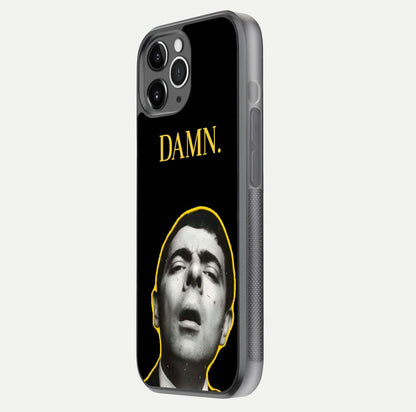 Mr Bean Damn Glass Case for iPhone 11 Pro Max floating dual-view mockup showing reflective gloss and vivid tones