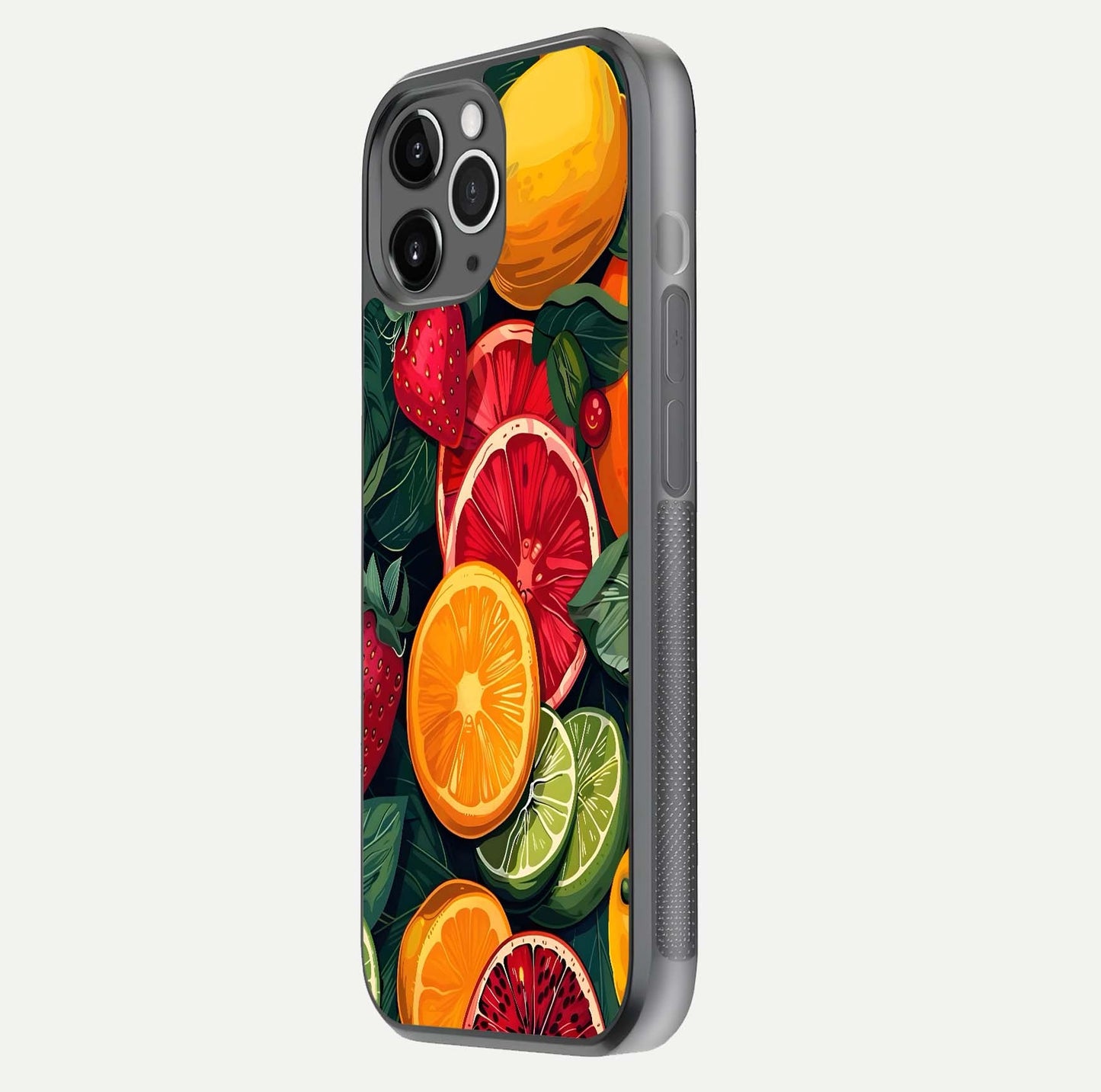 Multiple Fruits Glass Case for iPhone 11 Pro Max floating dual-view mockup showing reflection depth and freshness