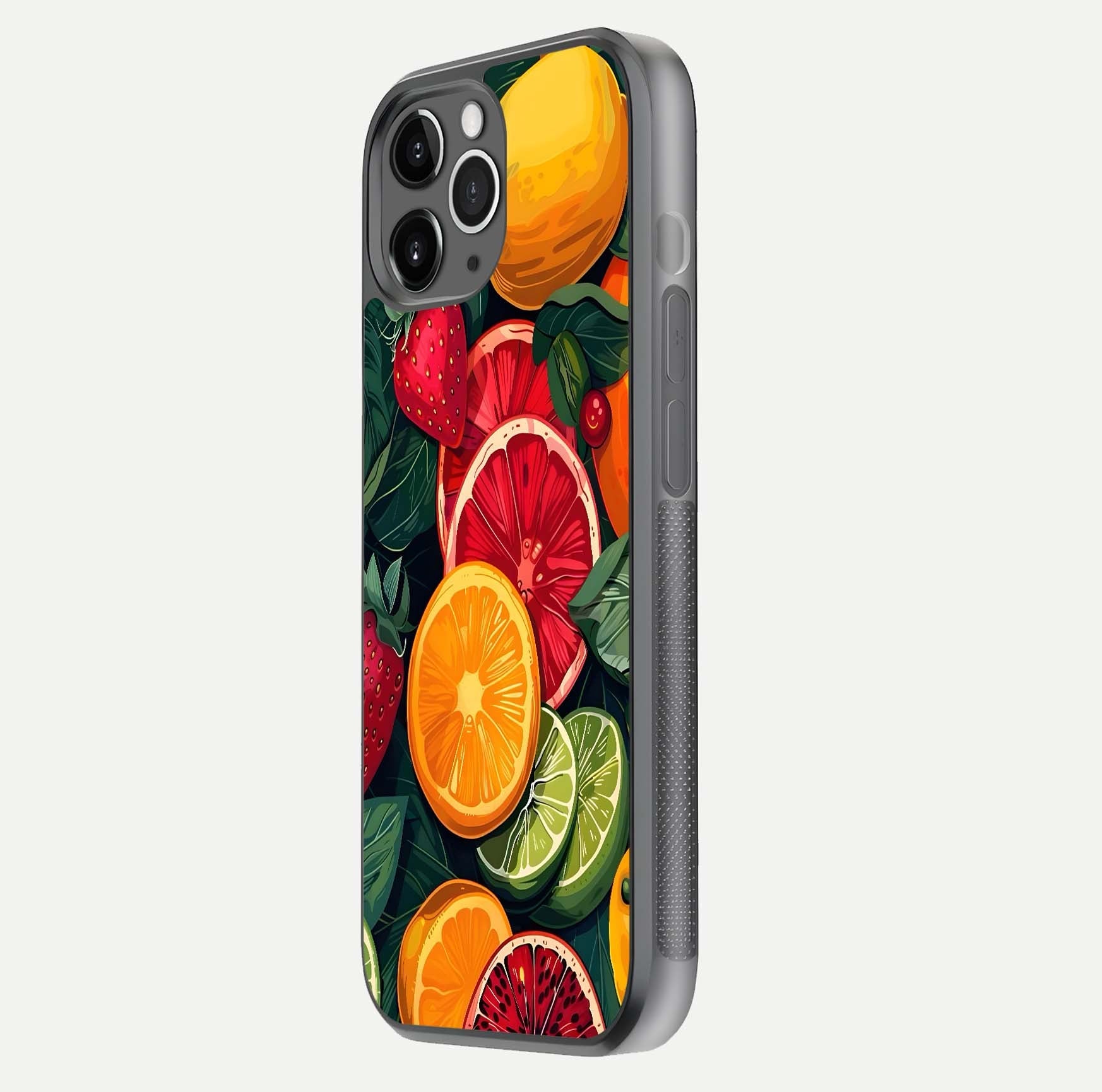 Multiple Fruits Glass Case for iPhone 11 Pro Max floating dual-view mockup showing reflection depth and freshness