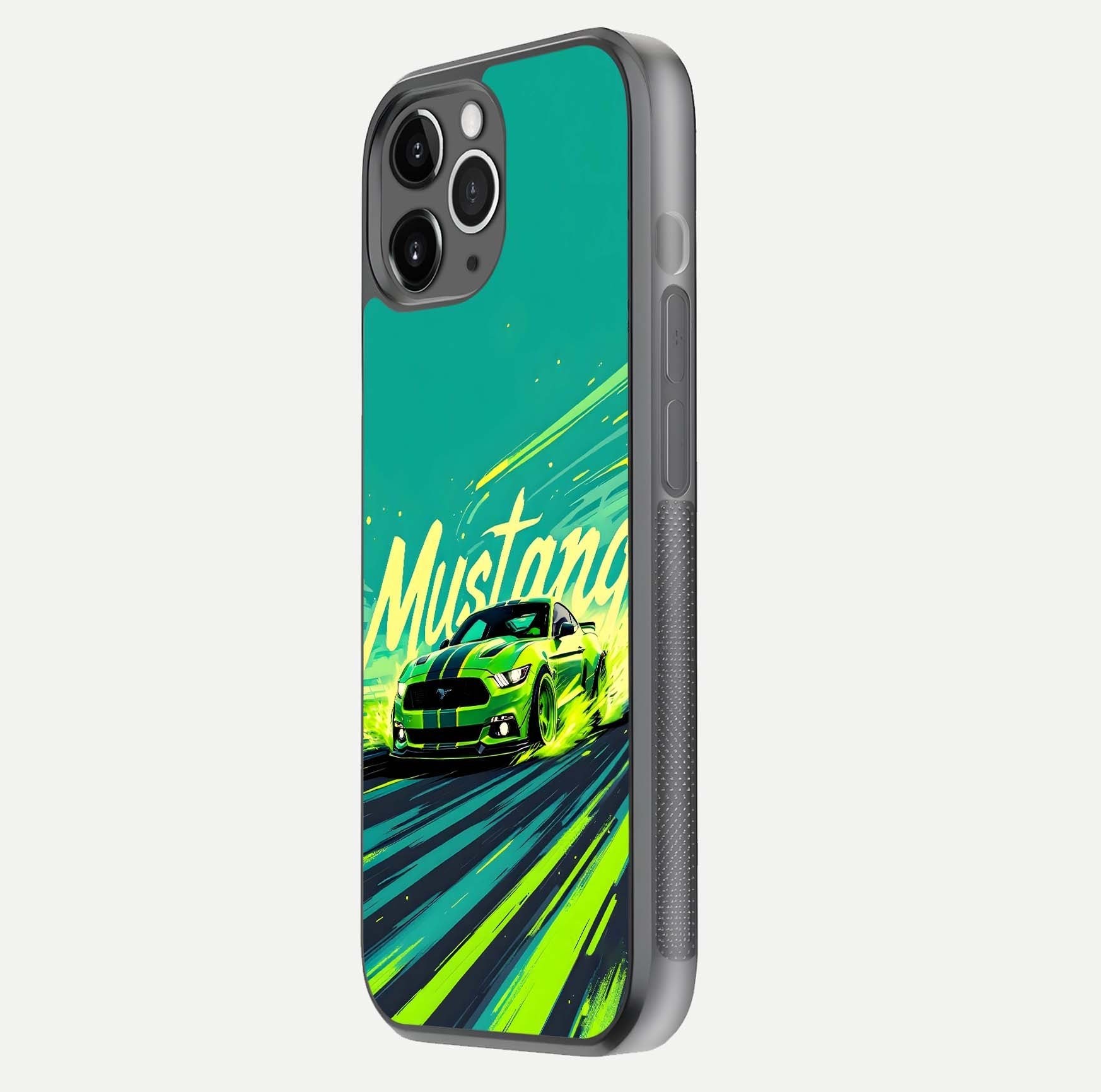 Mustang Bang Glass Case for iPhone 11 Pro Max floating dual-view mockup showing gloss depth and power design