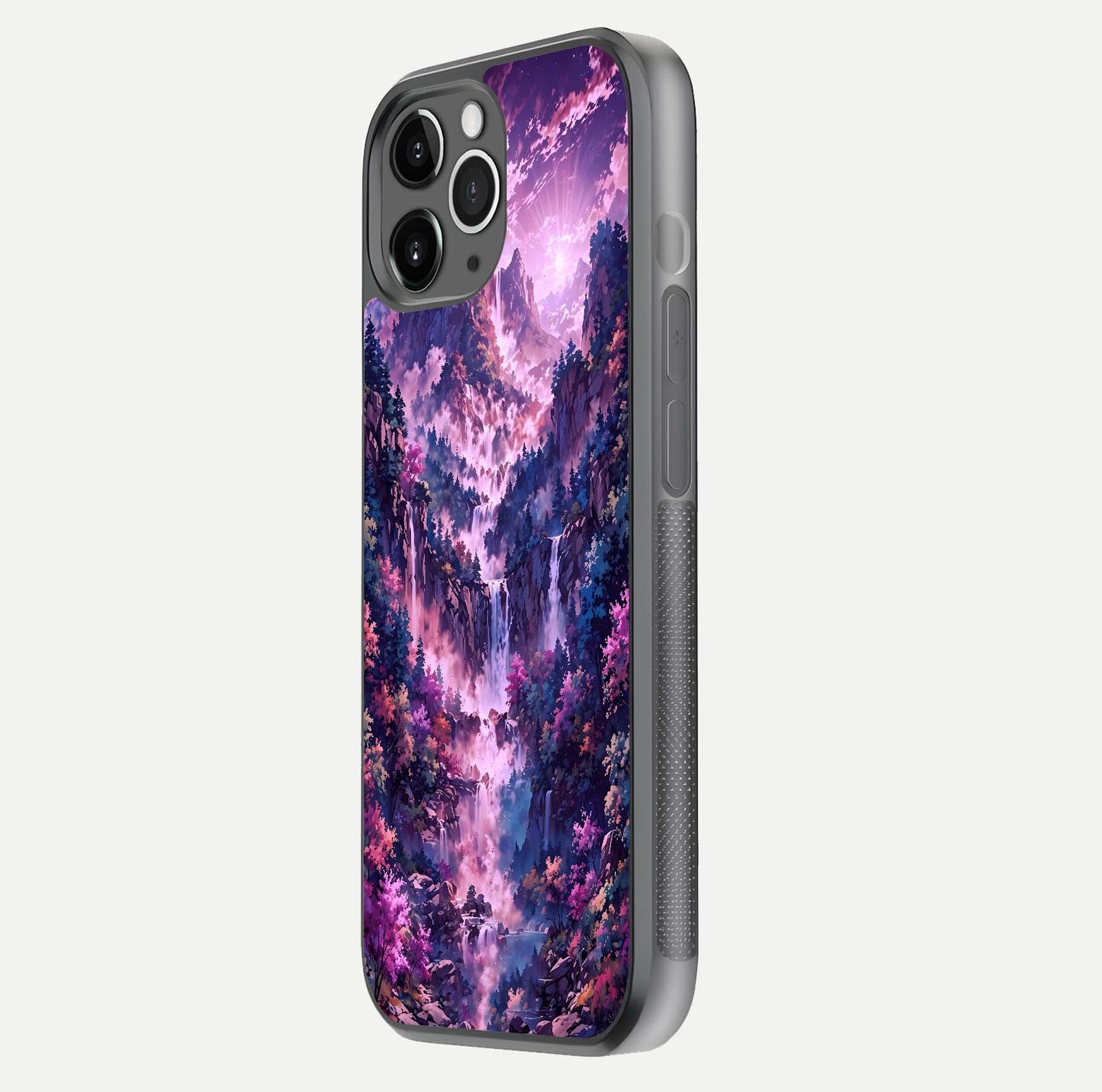 Mystic Cascade Peaks Glass Case for iPhone 11 Pro Max floating dual-view mockup showing gloss texture and depth