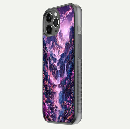 Mystic Cascade Peaks Glass Case for iPhone 11 Pro Max floating dual-view mockup showing gloss texture and depth