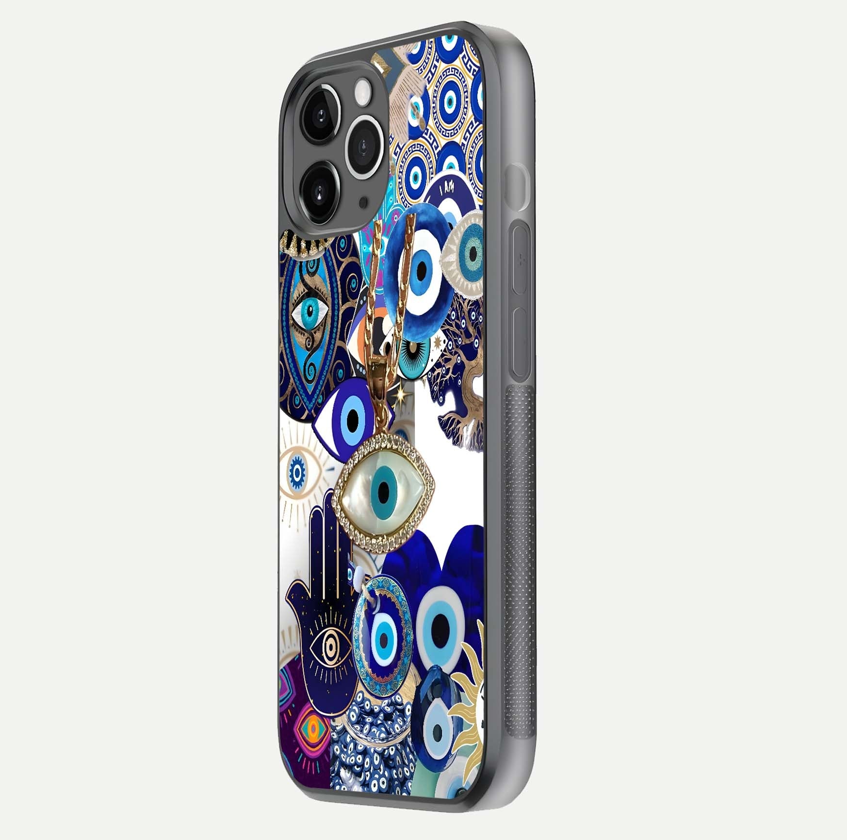 Mystic Charm Eye Glass Case for iPhone 11 Pro Max floating dual-view mockup showing gloss glow and charm symbol