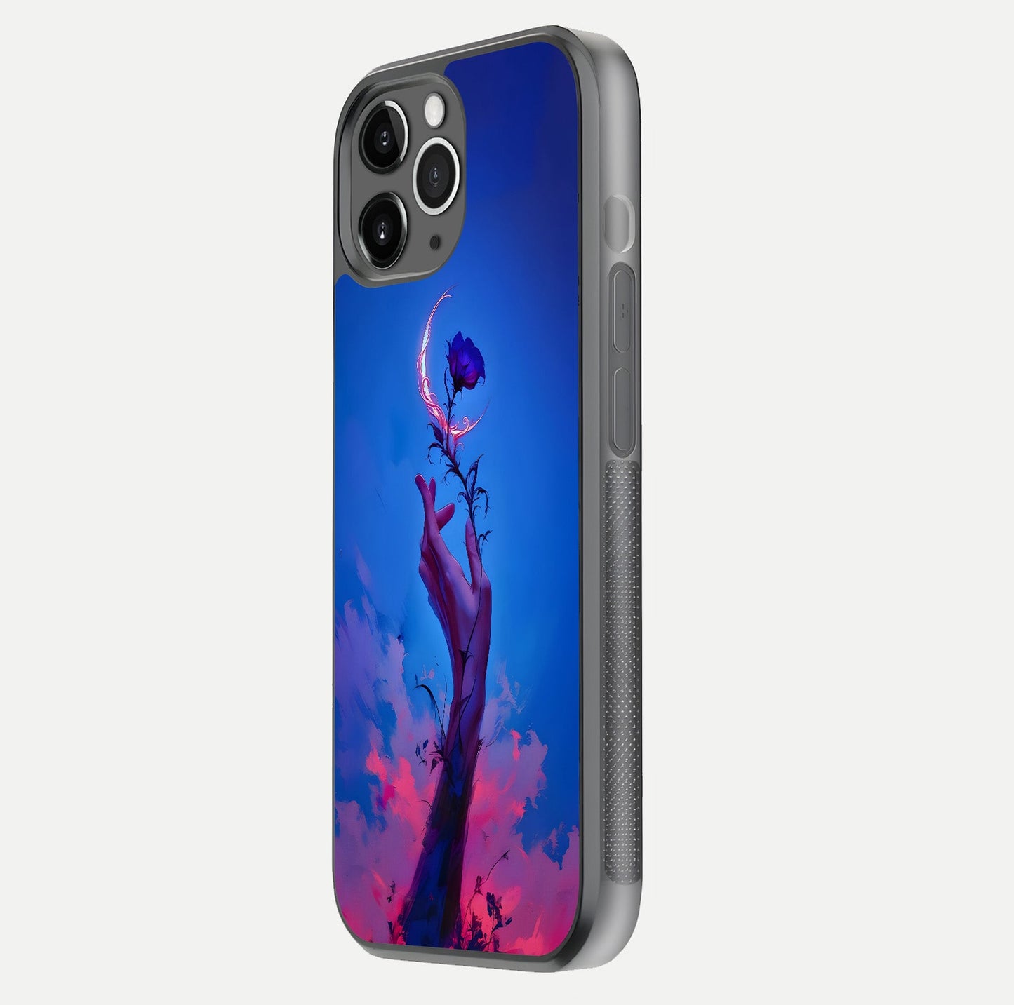Mystic Hand Glass Case for iPhone 11 Pro Max floating dual-view mockup showing HD shine and fine palm detail
