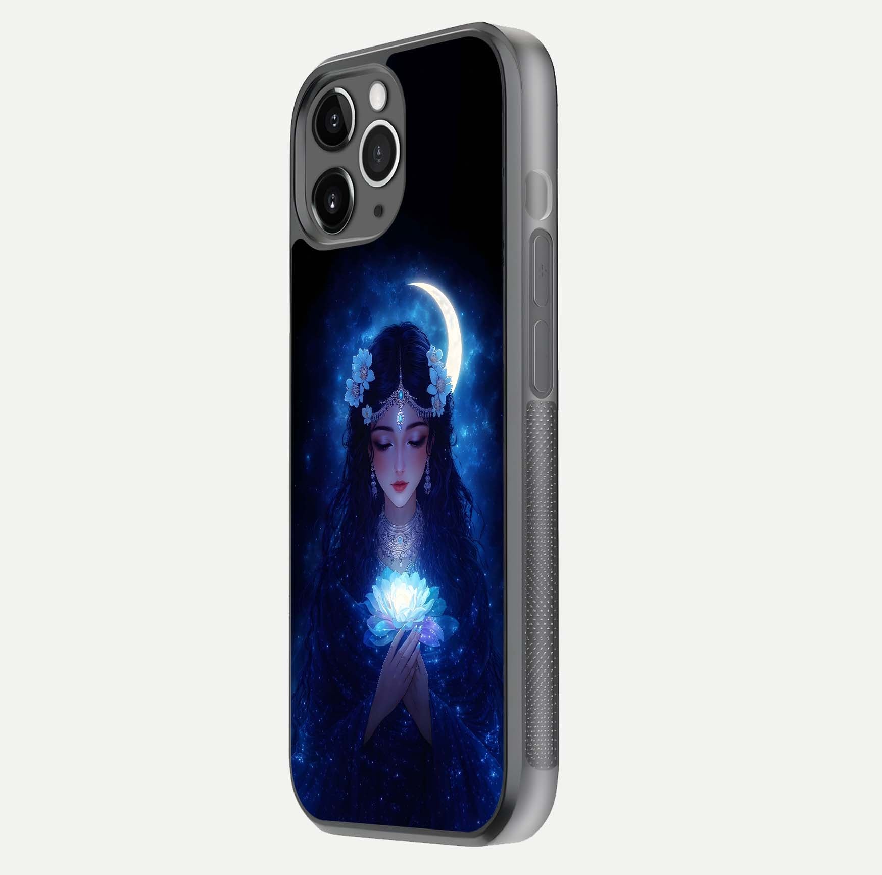 Mystic Moon Queen Glass Case for iPhone 11 Pro Max floating dual-view mockup showing HD gloss and cosmic glow