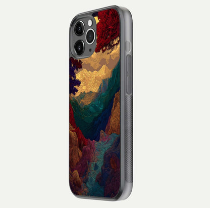 Mystic Valley Light Glass Case for iPhone 11 Pro Max floating dual-view mockup showing HD gloss and light blend