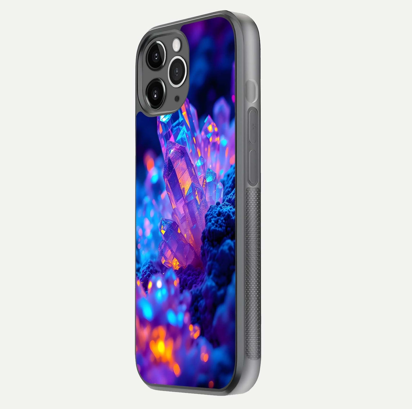 Neon Aura Shards Glass Case for iPhone 11 Pro Max floating dual-view mockup showing HD shine and shard texture