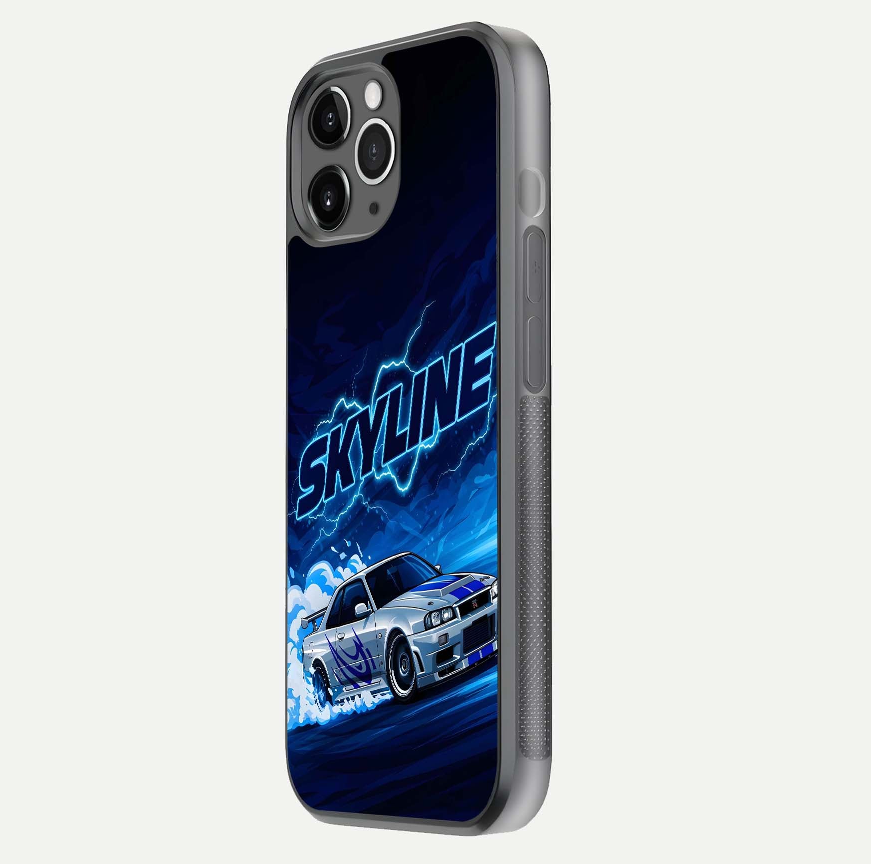 Neon Drift Beast Glass Case for iPhone 11 Pro Max floating dual-view mockup showing gloss texture and motion glow
