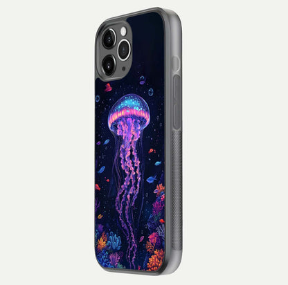 Neon Jellyfish Glass Case for iPhone 11 Pro Max floating dual-view mockup showing gloss texture and underwater glow