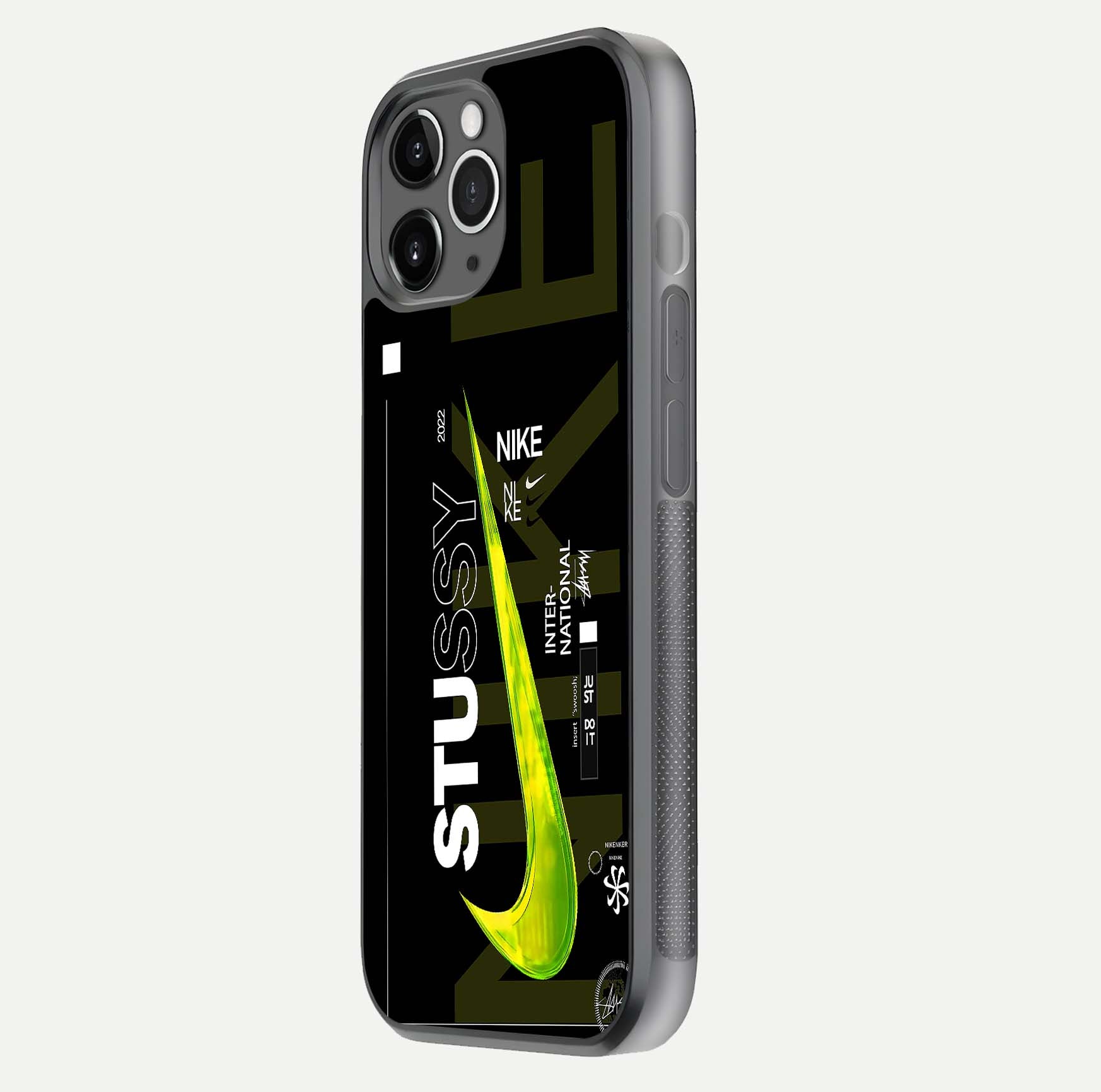 Neon Street Edition Glass Case for iPhone 11 Pro Max floating dual-view mockup showing HD gloss and neon glow