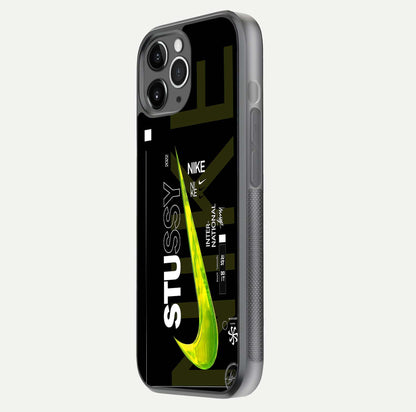 Neon Street Edition Glass Case for iPhone 11 Pro Max floating dual-view mockup showing HD gloss and neon glow