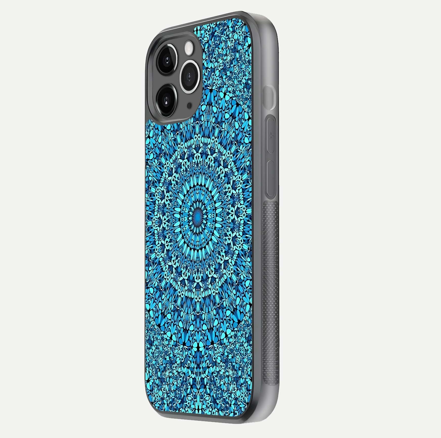 Ocean Bloom Mandala Glass Case for iPhone 11 Pro Max floating dual-view mockup showing gloss texture and print depth