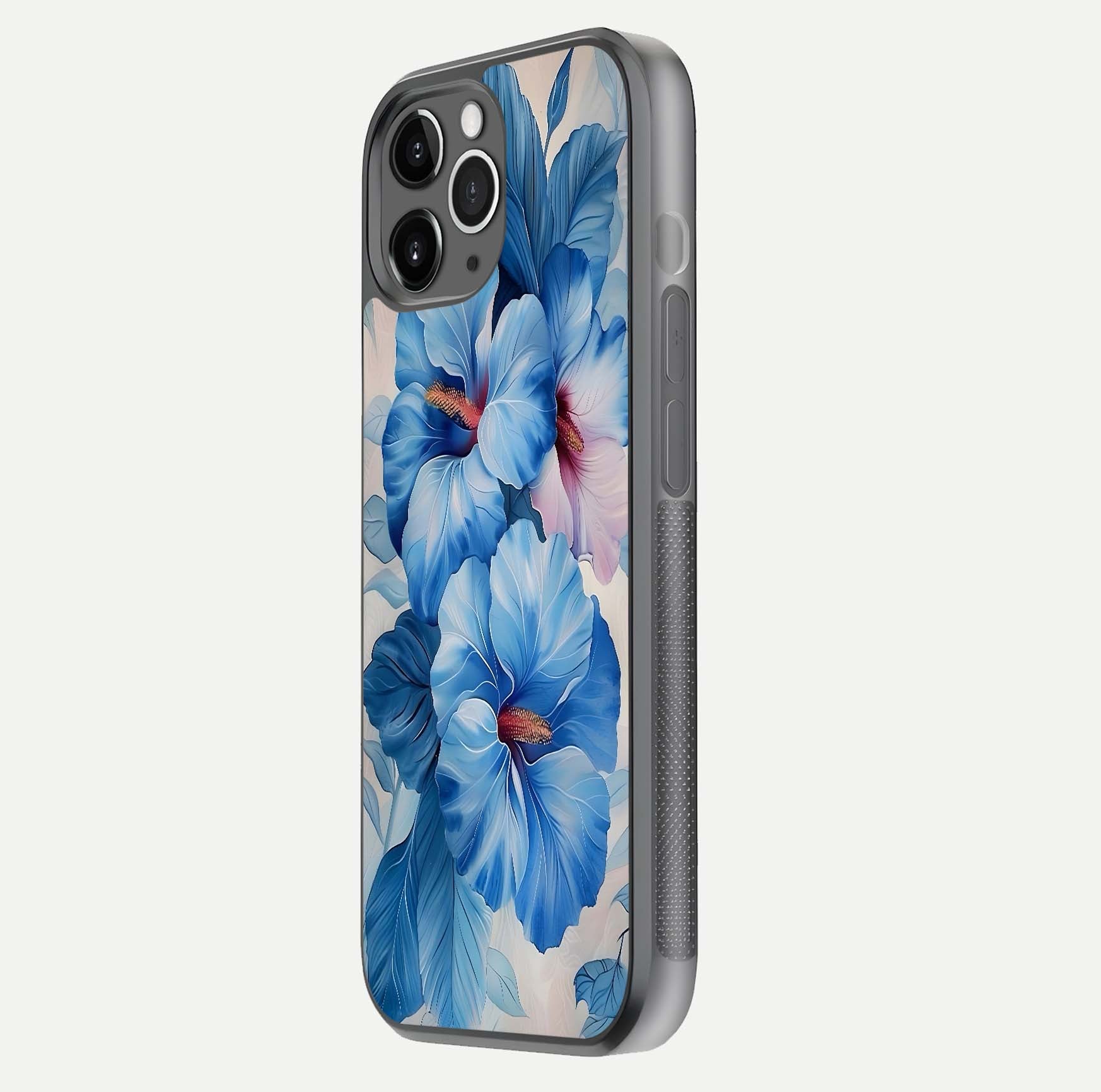 Ocean Hibiscus Grace Glass Case for iPhone 11 Pro Max floating dual-view mockup showing gloss reflection and print clarity