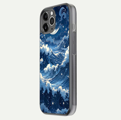 Ocean Moon Waves Glass Case for iPhone 11 Pro Max floating dual-view mockup showing gloss texture and moon glow