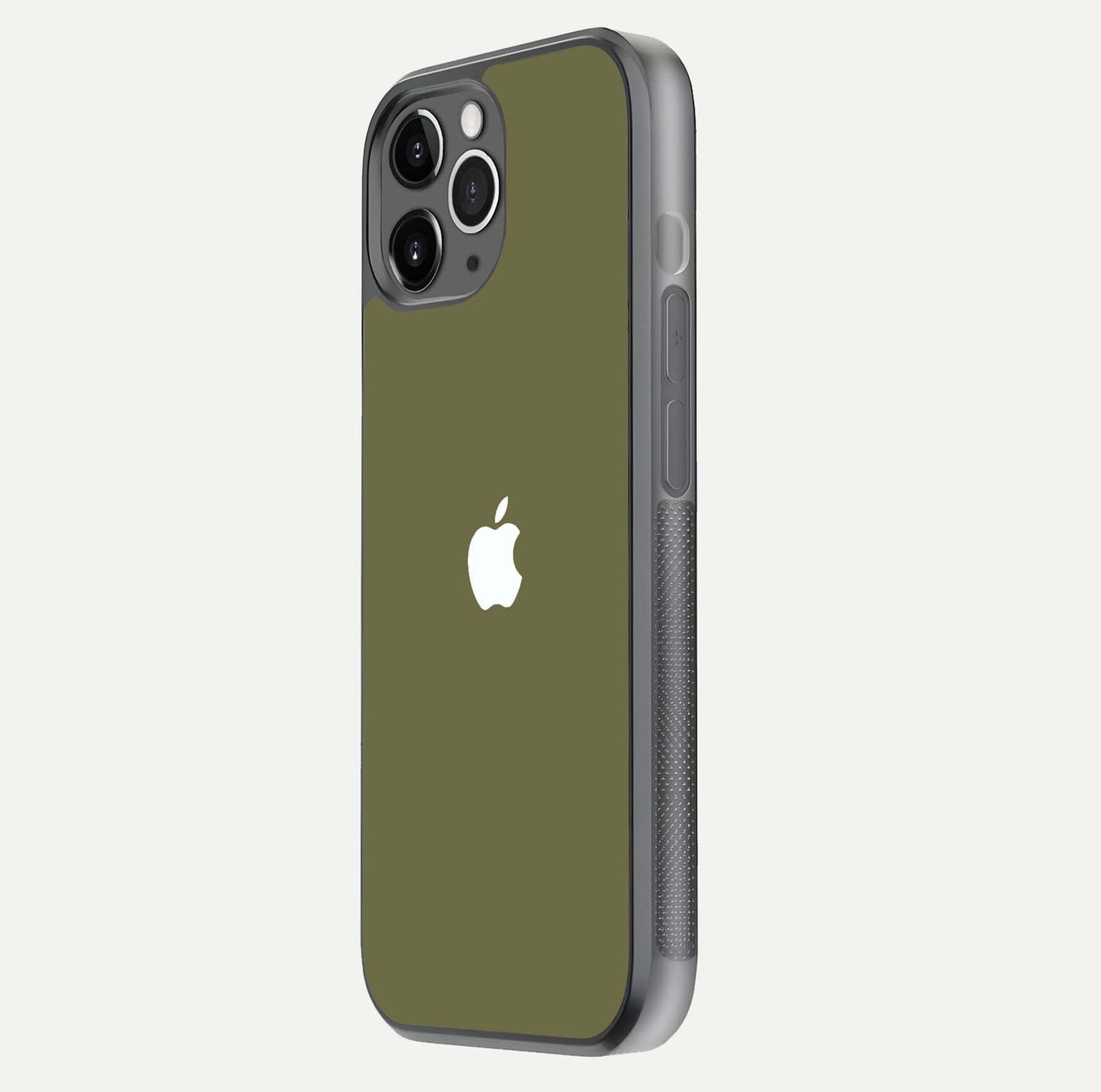 Olive Matte Essence Glass Case for iPhone 11 Pro Max floating dual-view mockup showing matte gloss and depth