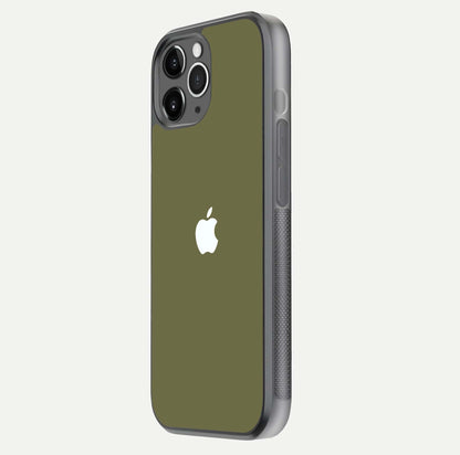 Olive Matte Essence Glass Case for iPhone 11 Pro Max floating dual-view mockup showing matte gloss and depth