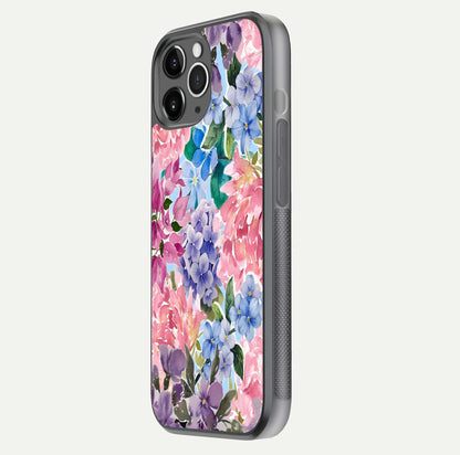Pastel Floral Mix Glass Case for iPhone 11 Pro Max floating dual-view mockup showing HD gloss and floral texture