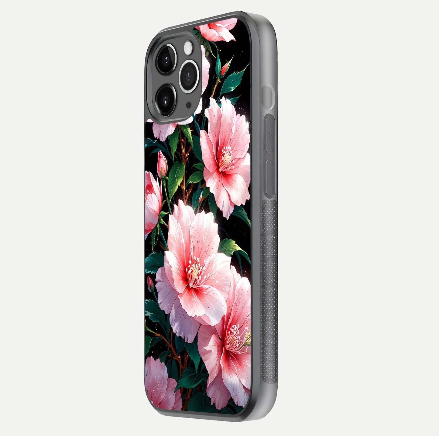 Peach Flower Glass Case for iPhone 11 Pro Max floating dual-view mockup displaying shine and delicate flower art