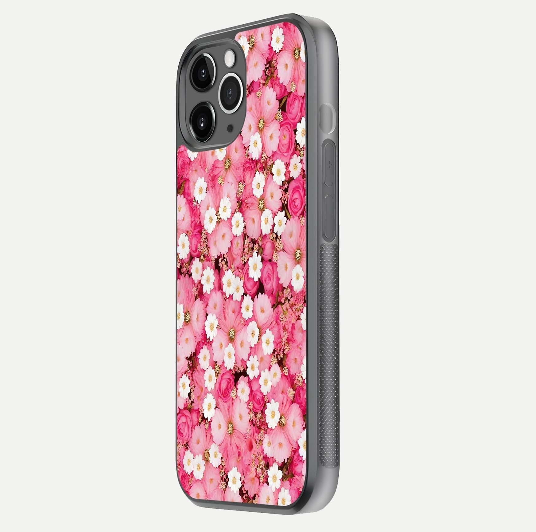 Pink Daisy Bliss Glass Case for iPhone 11 Pro Max floating dual-view mockup displaying gloss shine and pastel tones