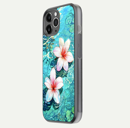 Pink Flowers in Water Glass Case for iPhone 11 Pro Max floating dual-view mockup showing gloss and floral clarity