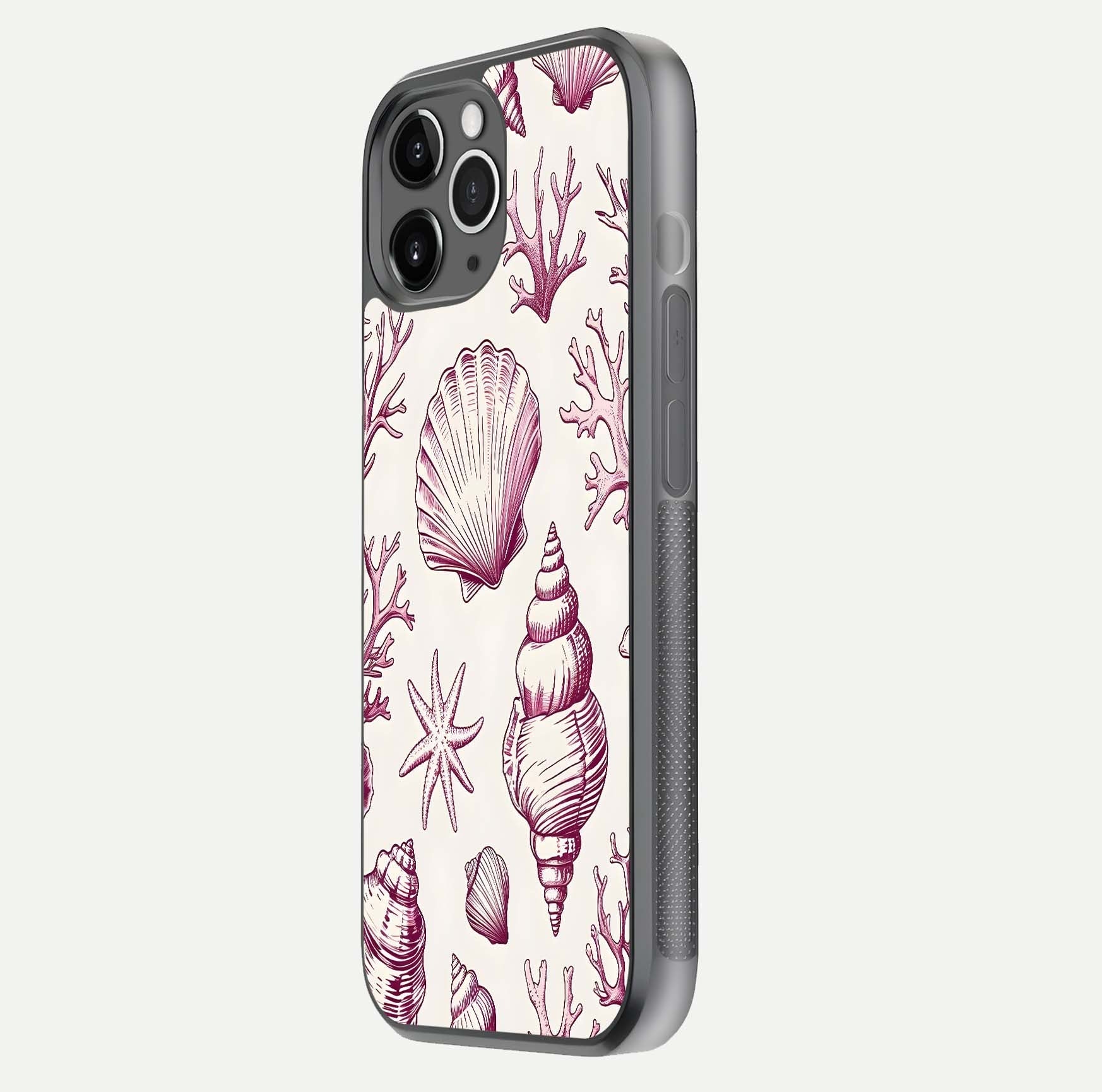 Pink Shells Outline Glass Case for iPhone 11 Pro Max floating dual-view mockup displaying gloss and ocean vibe