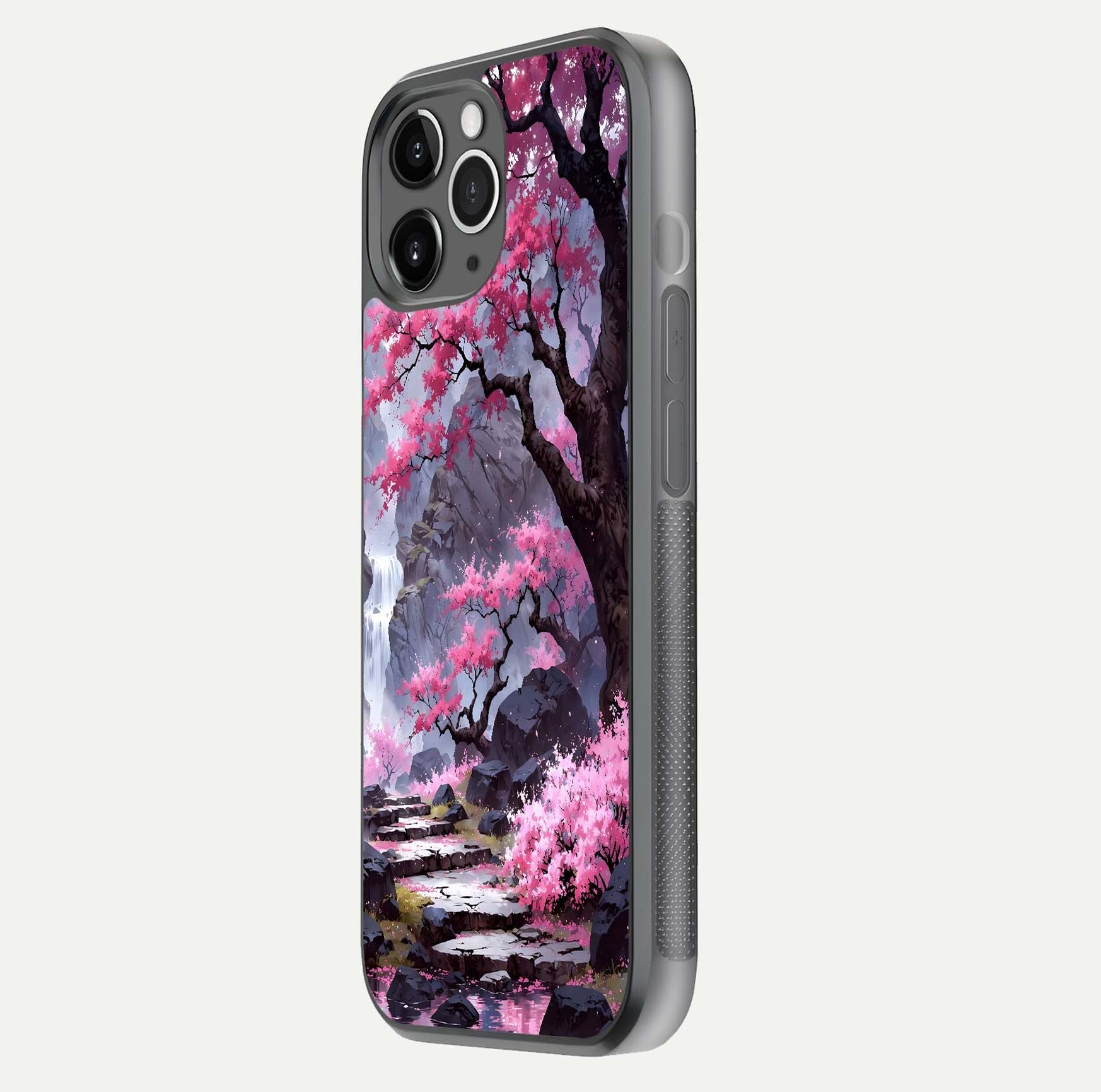 Pinkish Scenery Glass Case for iPhone 11 Pro Max floating dual-view mockup displaying gloss shine and artistic tone
