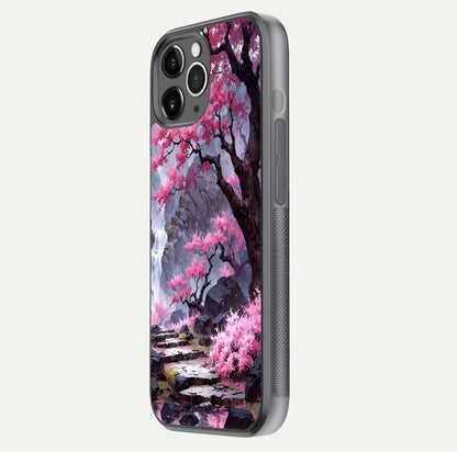 Pinkish Scenery Glass Case for iPhone 11 Pro Max floating dual-view mockup displaying gloss shine and artistic tone