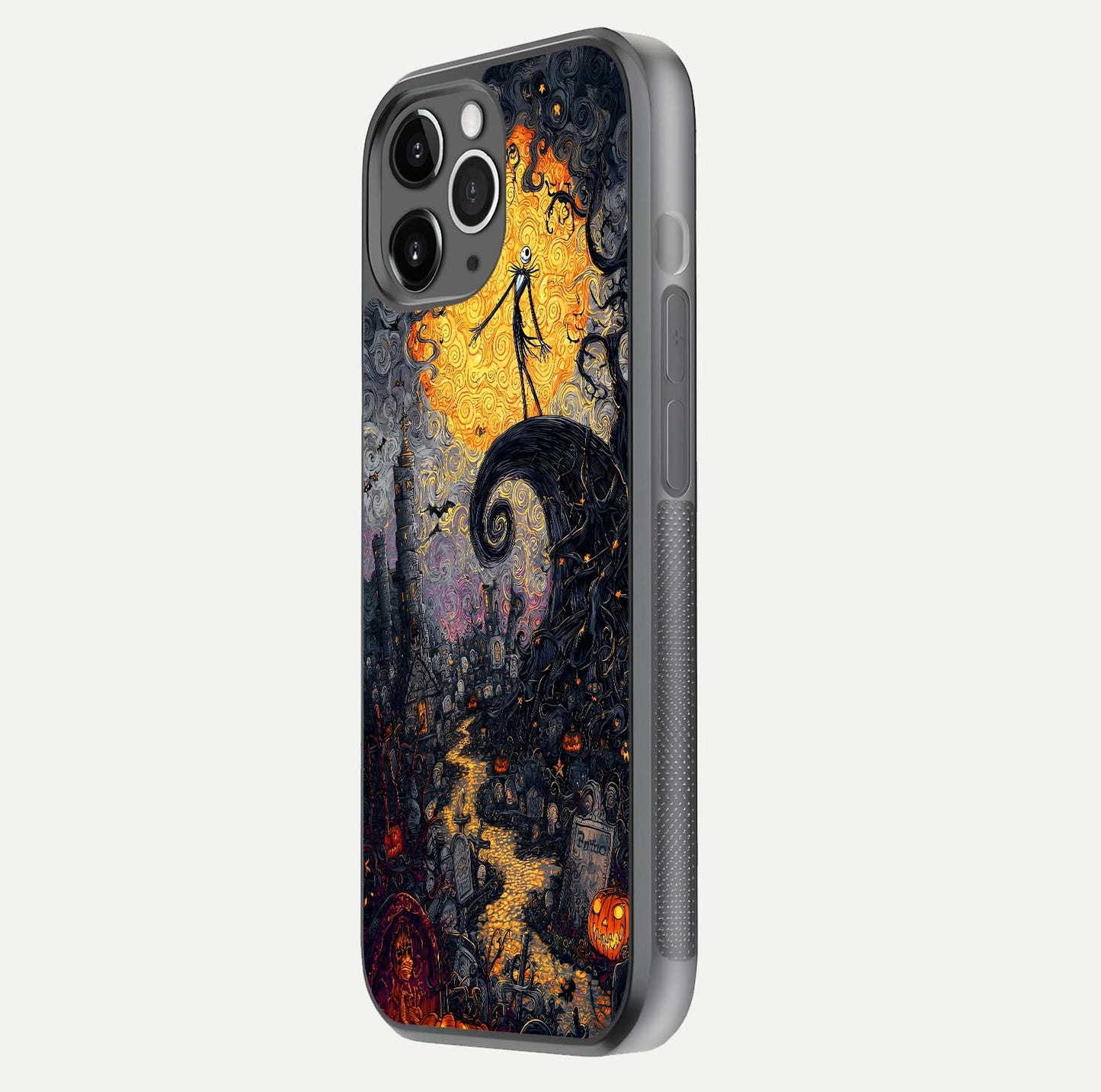 Pumpkin Moon Night Glass Case for iPhone 11 Pro Max floating dual-view mockup showing HD gloss and spooky detail