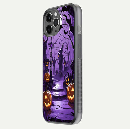 Pumpkin Patch Halloween Glass Case for iPhone 11 Pro Max floating dual-view mockup displaying gloss and dark tone
