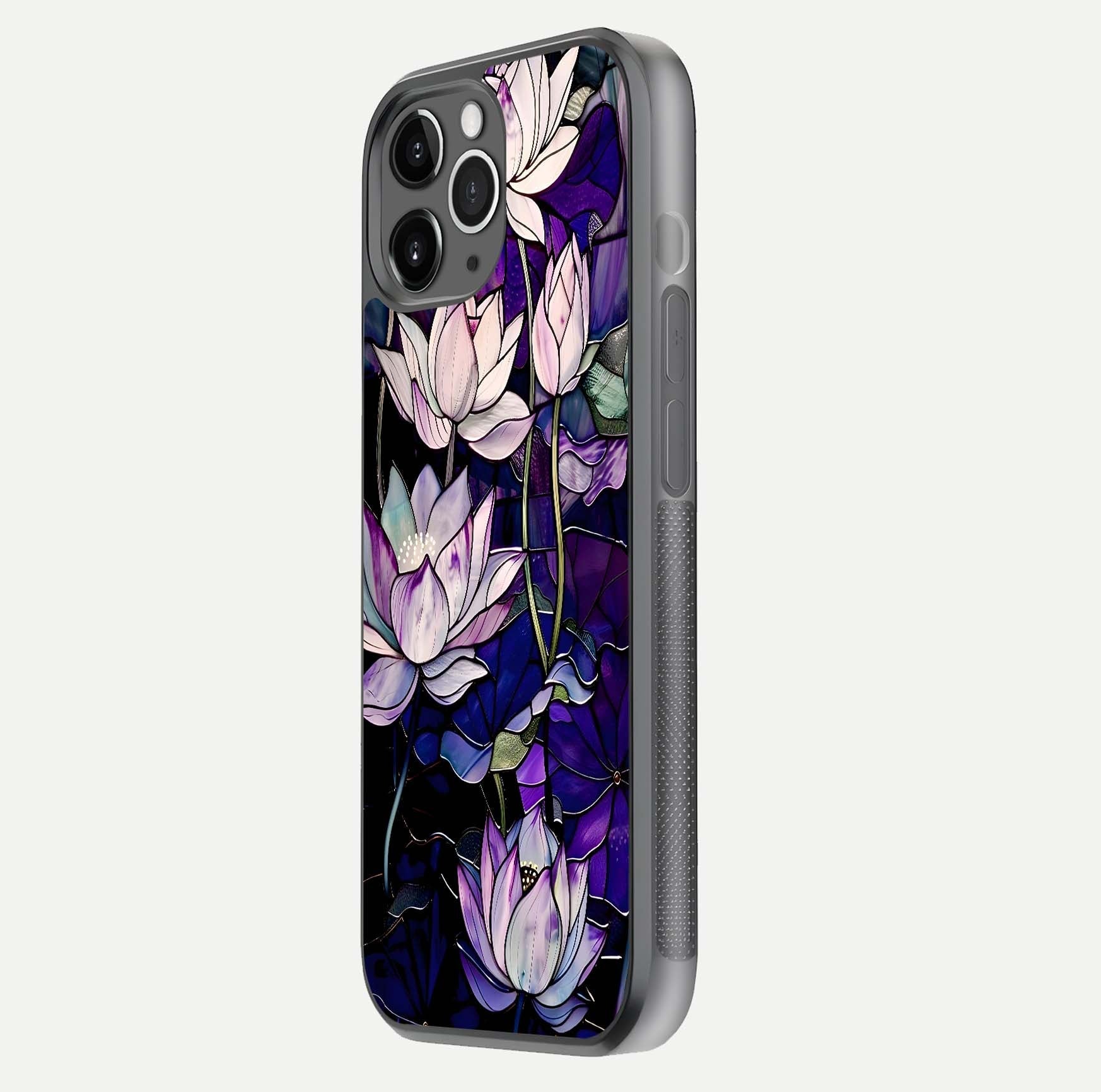 Purple Lotus Pattern Glass Case for iPhone 11 Pro Max floating dual-view mockup showing glass shine and vivid purple hue