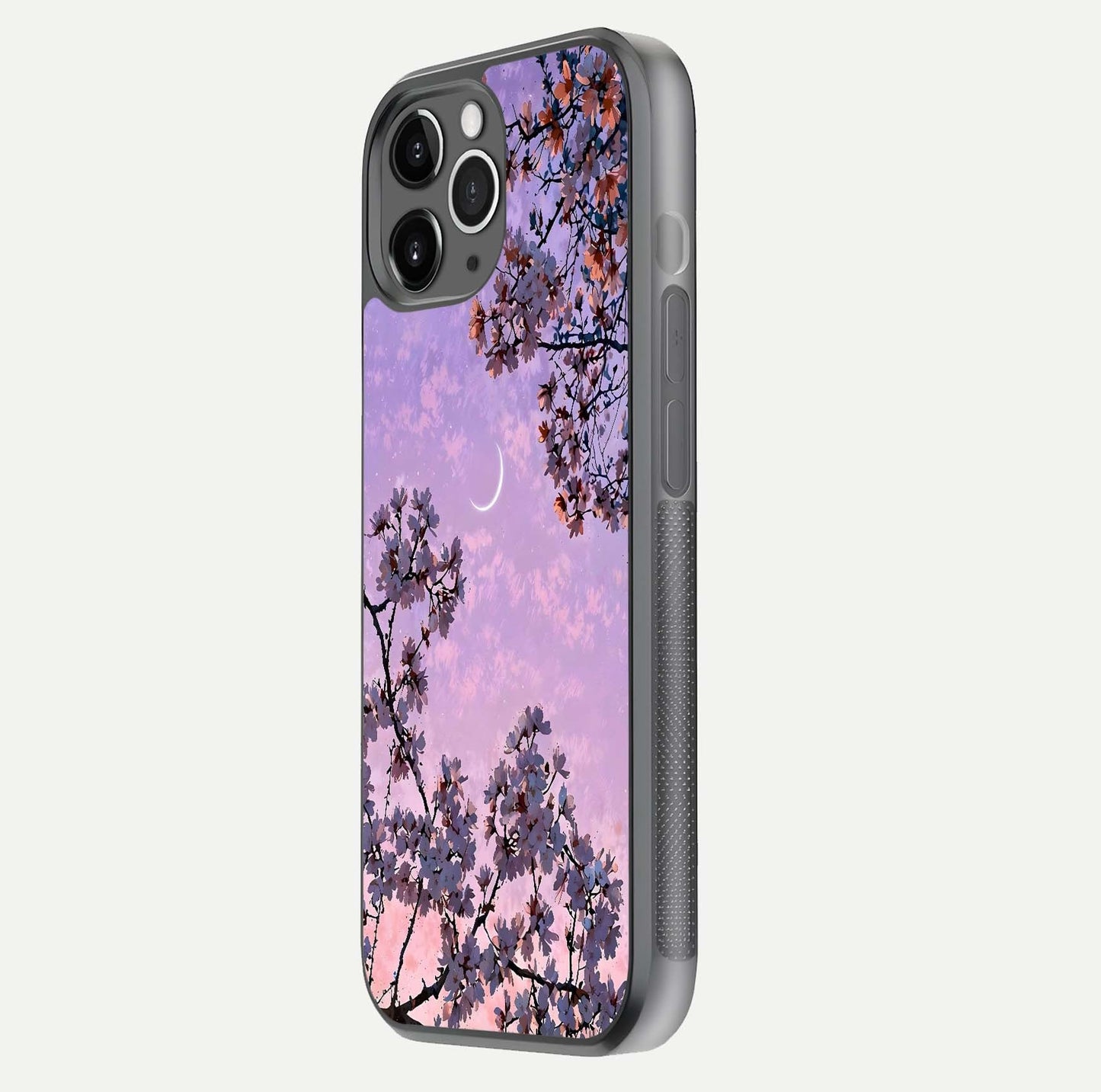Purple Serenity Moon Glass Case for iPhone 11 Pro Max floating dual-view mockup showing gloss and cosmic detail